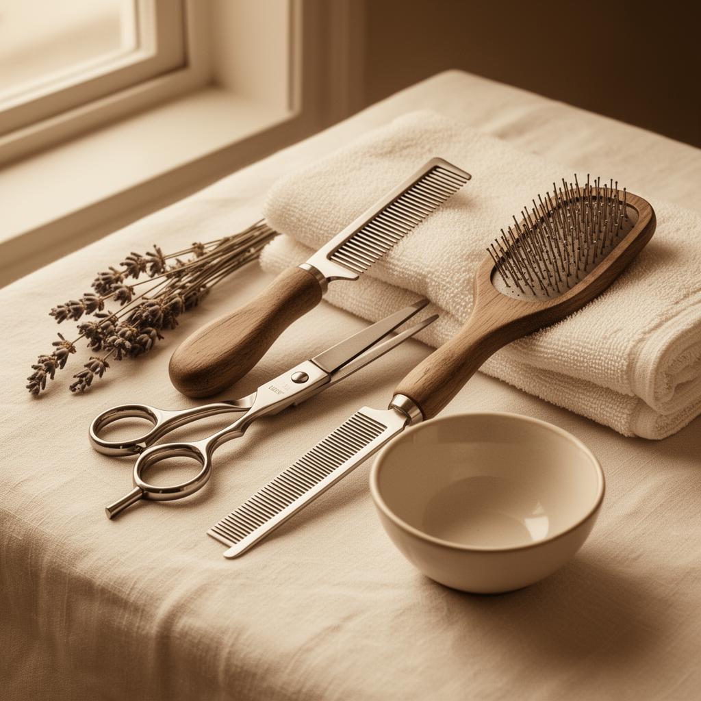 Profesjonalny zestaw groomingowy — nożyczki, szczotka i grzebień w sepiowych tonach