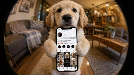 Szczeniak golden retriever trzyma telefon z profilem Instagram Psyjaciel